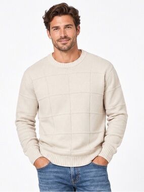 Alexander Julian Colours Cream 100% Cotton Textured Grid Sweater XL Unisex